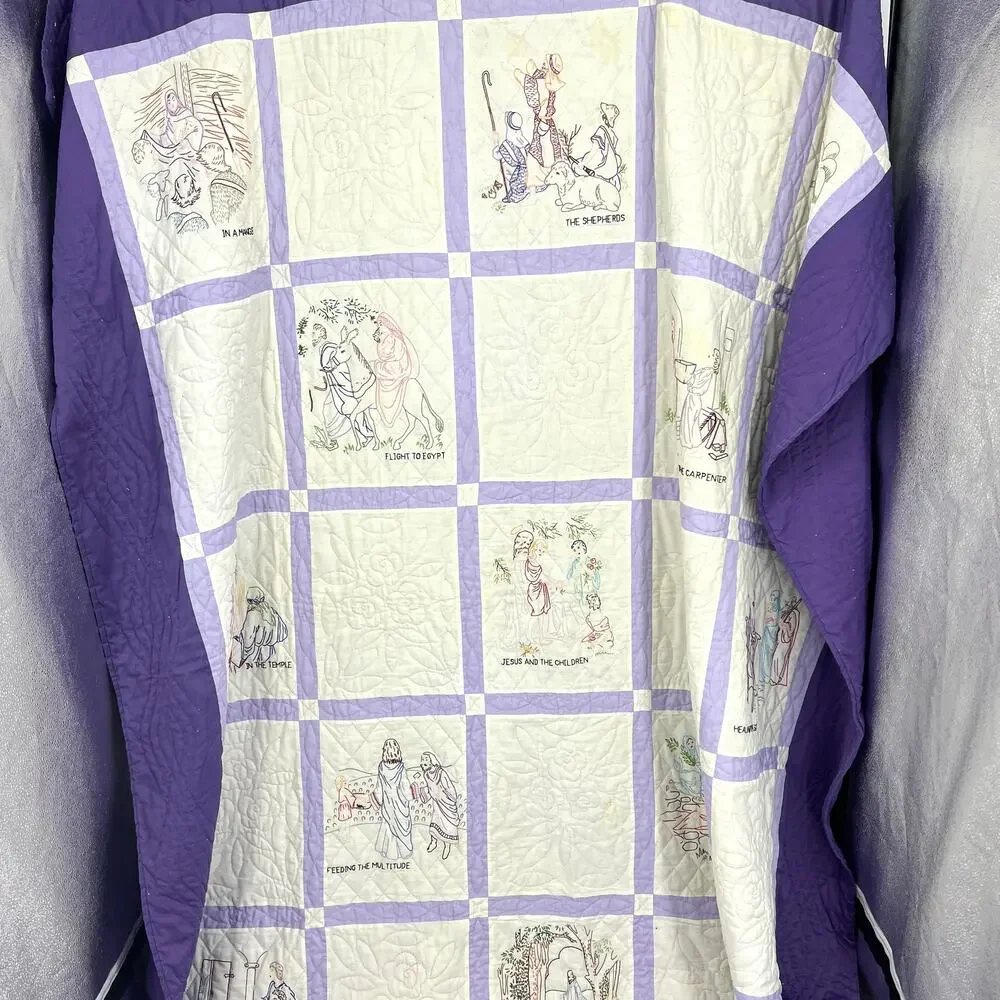 Vintage Hand Made Quilt Old Testament Embroidered Purple Border